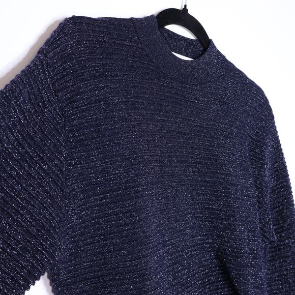 MICHELLE MASON Metallic Twist Ribbed Sweater Navy Asymmetric Hem Women's P/US 2 - Picture 7 of 13